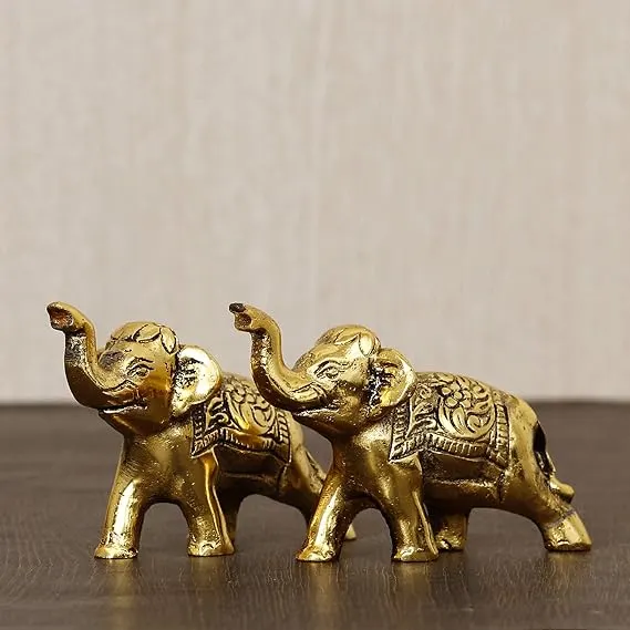 Golden Metal Elephant Showpieces Set of 2 | Decorative Good Luck Figurines | Premium Metal Home Décor | Housewarming & Festive Gift